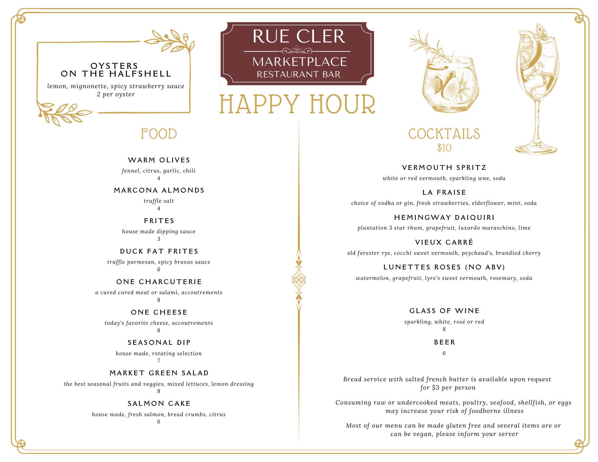 Latest Happy Hour Menu for Rue Cler Marketplace