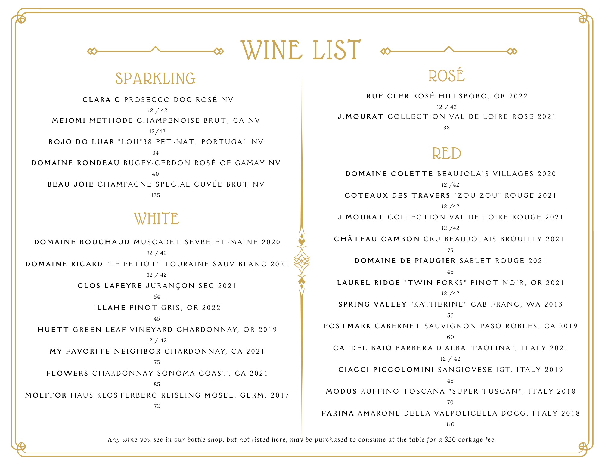 Latest Wine List for Rue Cler Marketplace